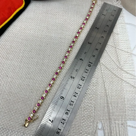 Vintage Gold Over 925 Sterling Silver Ruby & CZ Tennis Bracelet - Picture 15 of 16